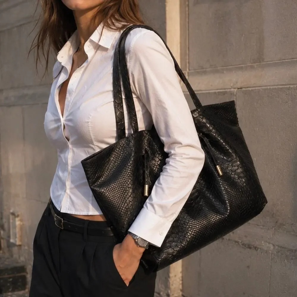 Vintage Furla Black Croc Embossed Leather Tote Bag Italy Office Laptop